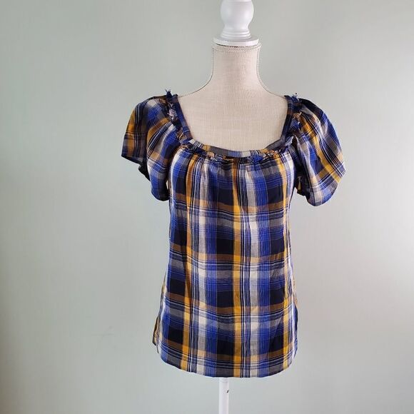 Vince Camuto Tops - VINCE CAMUTO SUNSET PLAID RUFFLED SQUARE NECK TOP  ELECTRIC BLUE SIZE XS